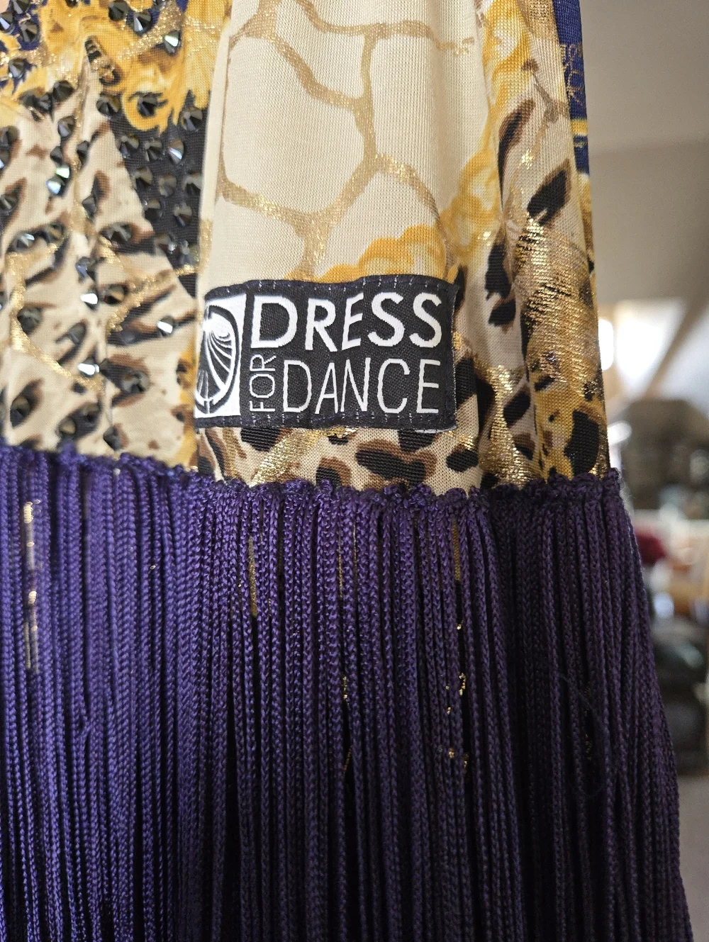 Purple Fringe Tiered Ballroom Dress Gold Printed Bodice With Clasp Crotch Size M - Picture 3 of 5